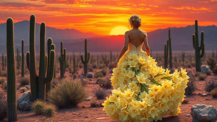 Woman wearing dress made of flowers in the desert by Teagan via Night Cafe