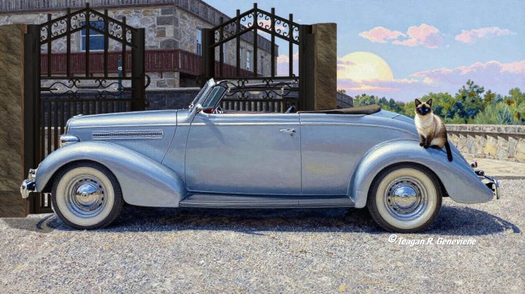 1937 Ford Model 78 Deluxe Roadster at gate, Siamese cat on fender, composite by Teagan R Geneviene