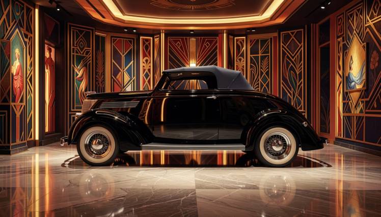 1937 Ford Model 78 Deluxe Roadster in Art Deco showroom by Teagan via Night Cafe