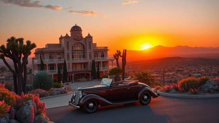 1937 Ford Roadster by Art Deco hotel in desert by Teagan via Night Cafe