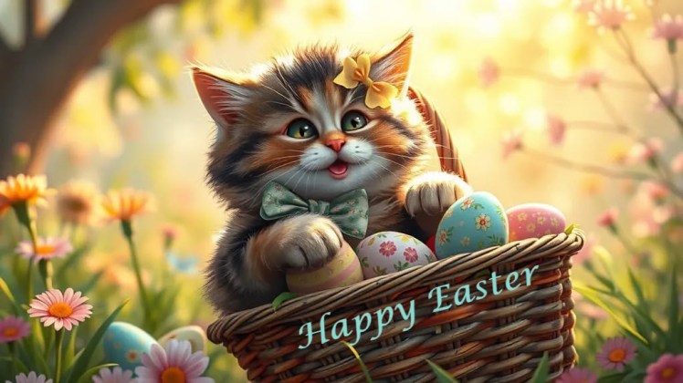 Happy Easter kitten in basket of easter eggs by Teagan via Night Cafe