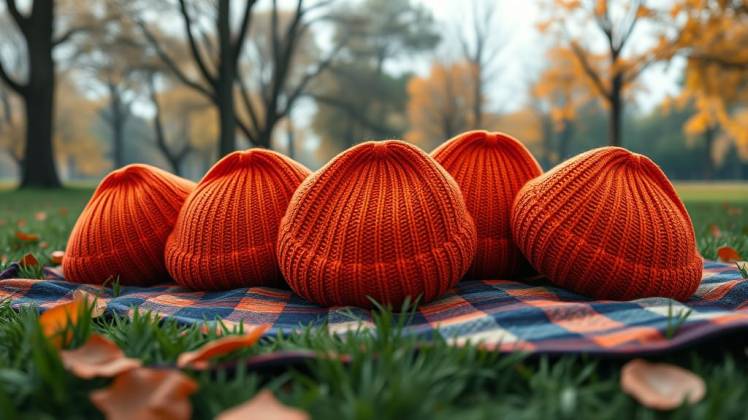 5 orange toboggin beret hats arranged on a blanket by Teagan