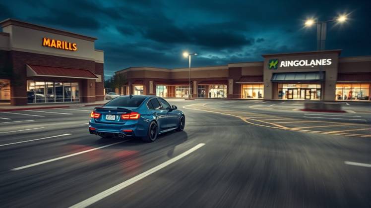 Blue car speeding through parking lot by Teagan via night cafe