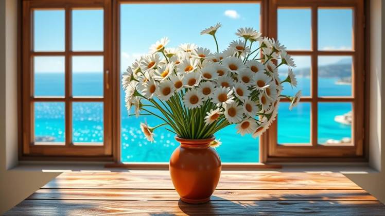 Daisies in vase window sea by Teagan via Night Cafe