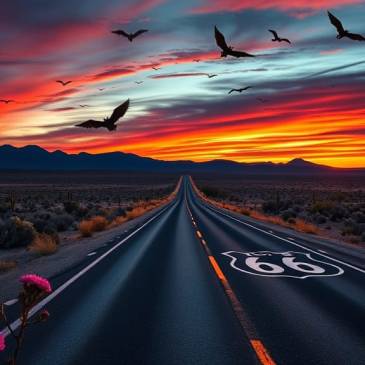 Desert Route 66 sunset with bats by Teagan via Night Cafe