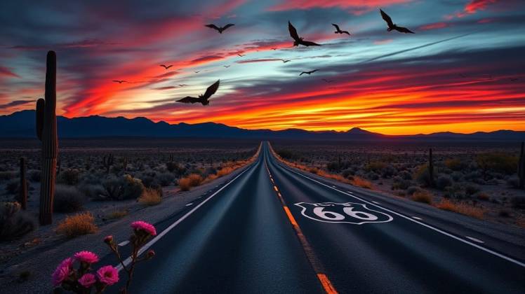 Desert Route 66 sunset with bats by Teagan via Night Cafe