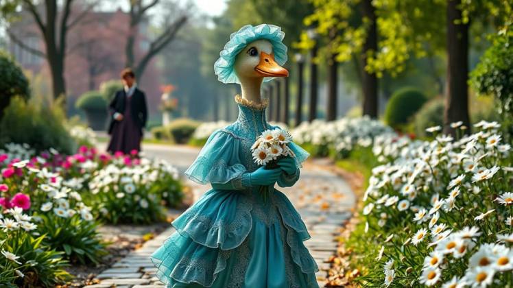Duck-lady holding daisies in Victorian park by Teagan via Night Cafe