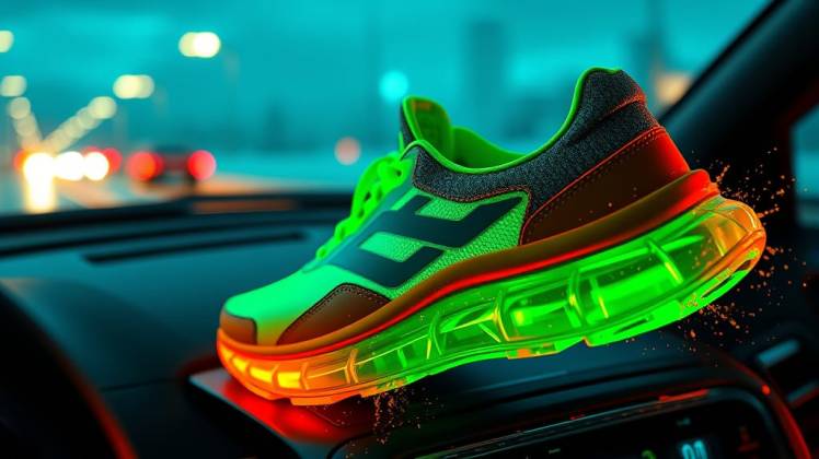 Neon green sport shoe on dashboard by Teagan via Night Cafe