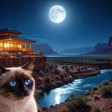 Chinese restaurant beside stream in desert Siamese cat looks on by Teagan via Night Cafe