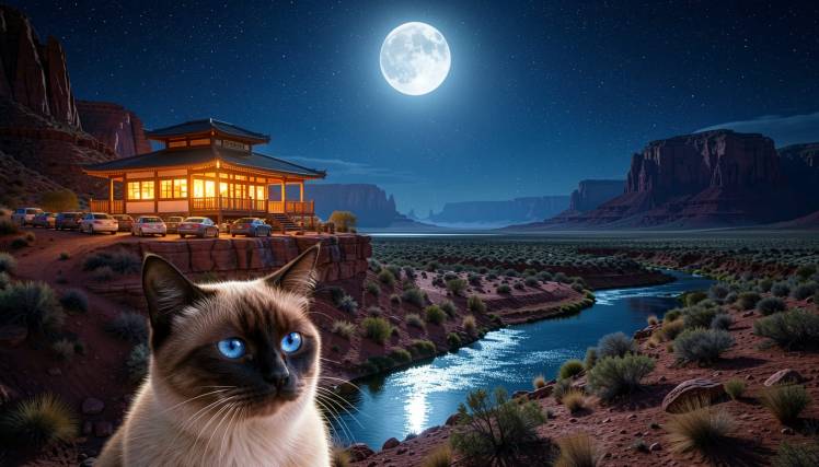 Chinese restaurant beside stream in desert Siamese cat looks on by Teagan via Night Cafe