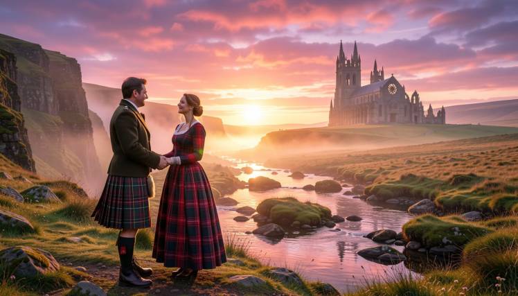 Scotsman kilt Woman tartan gown cathedral background sunrise by Tagan via Night Cafe