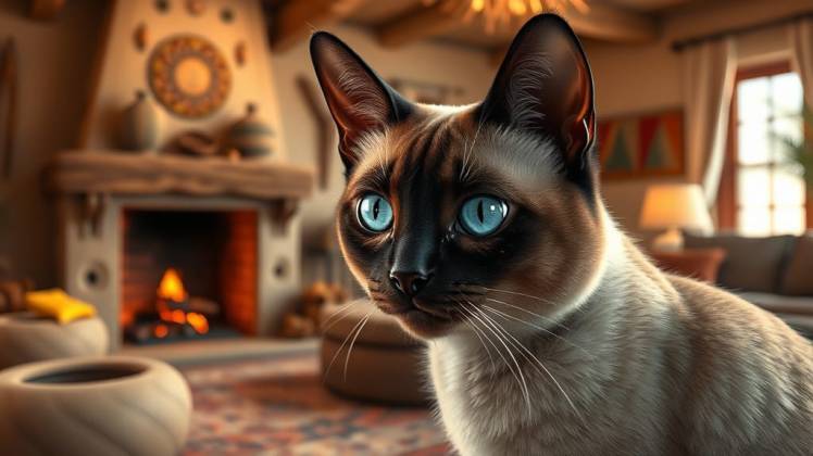 Siamese cat in Southwest living room with fireplace by Teagan via Night Cafe