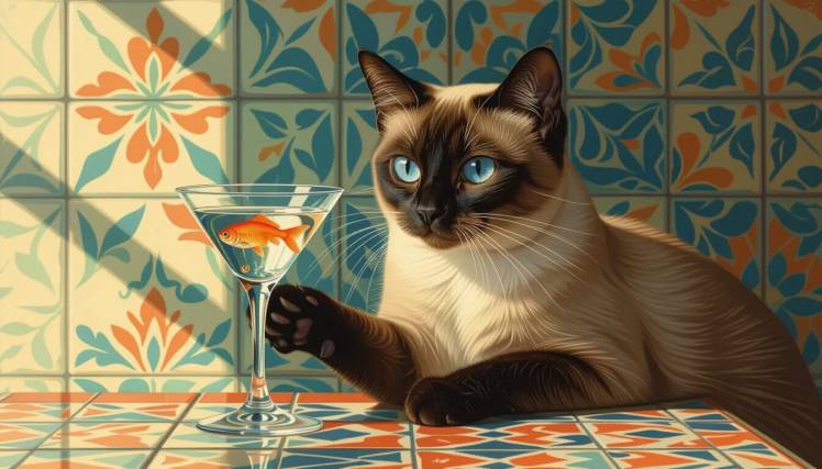 Siamese cat with goldfish martini by Teagan via Night Cafe