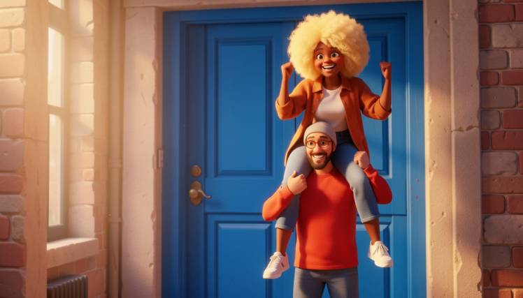 Woman on mans shoulders blonde afro Maudie Kelly by Teagan via Night Cafe