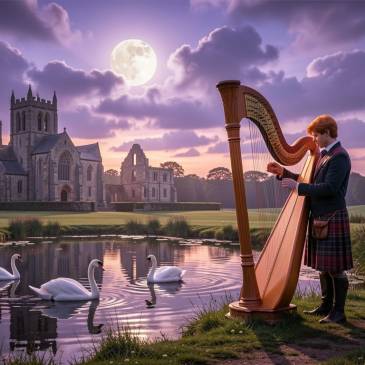 Young Scotsman play harp swans ruins by Teagan via Night Cafe