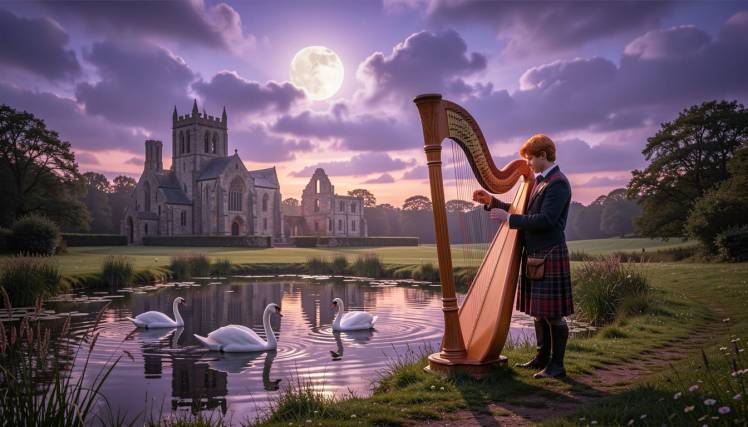 Young Scotsman play harp swans ruins by Teagan via Night Cafe