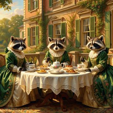 3 Victorian Raccoons tea party in green by Teagan via Night Cafe