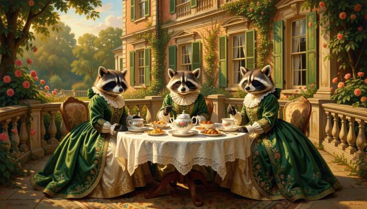 3 Victorian Raccoons tea party in green by Teagan via Night Cafe