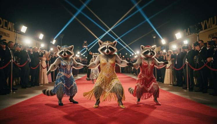 Raccoons in beaded evening dresses, strutting on the red carpet