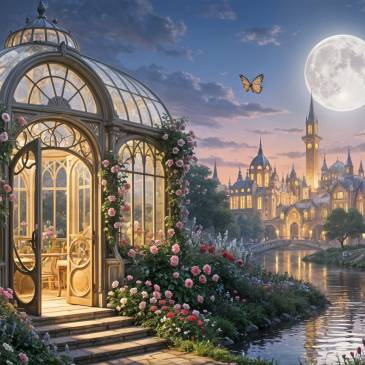 Greenhouse y flowers Art Nouveau city in distance by Teagan via Night cafe.