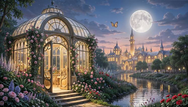 Greenhouse y flowers Art Nouveau city in distance by Teagan via Night cafe.