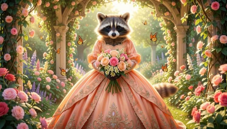 Victorian Raccoon pastel gown roses butterflies by Teagan via Night Cafe