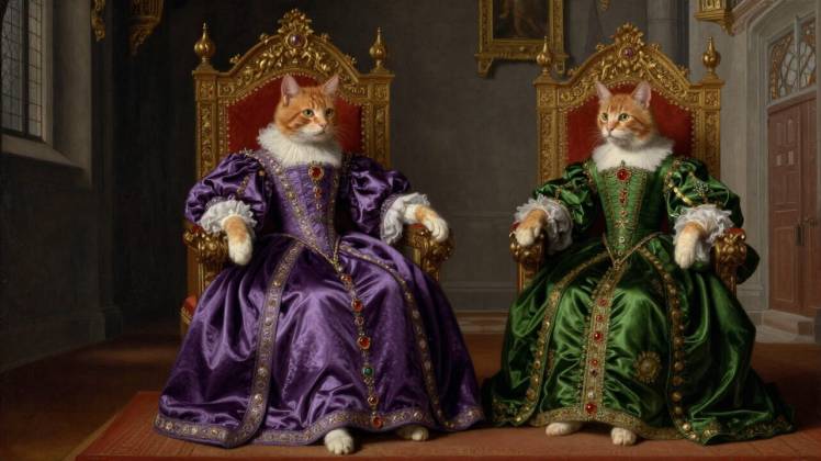 2 ginger cats purple green on thrones by Teagan via Night Cafe