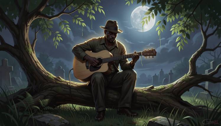 Brother Love dark man playing guitar in graveyard by Teagan via Night Cafe
