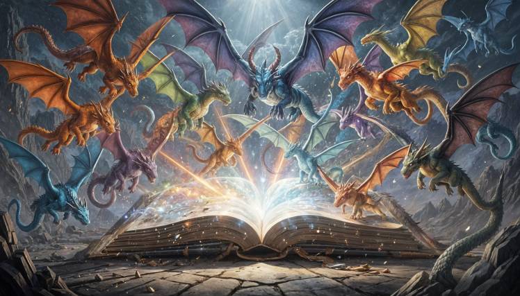 Dragons all colors above magic book by Teagan via Night Cafe