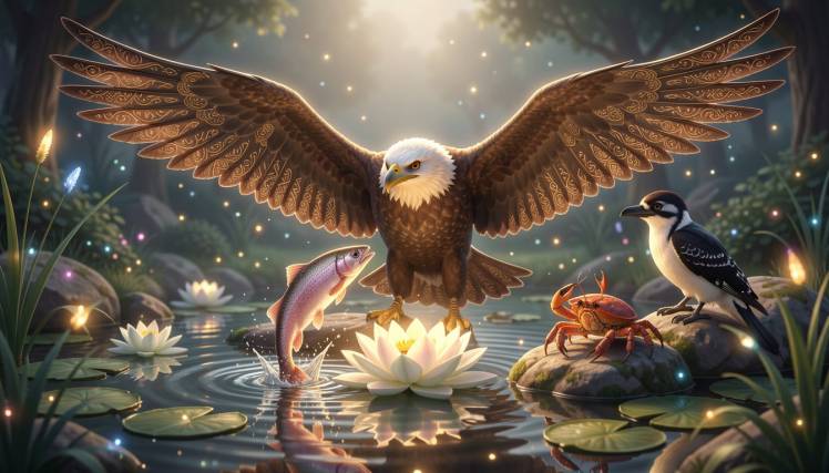 July animal symbols eagle salmon crab woodpecker waterlily by Teagan via Night Cafe