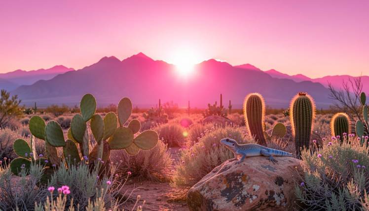 Sunrise over mountains lizard on rock by Teagan via Night Cafe