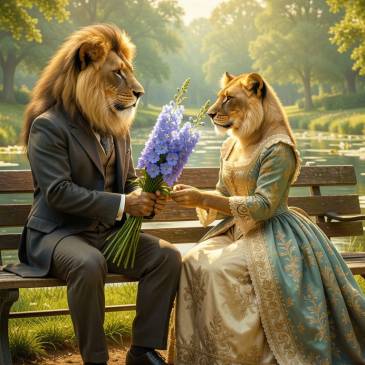 Victorian lion couple with bouquet flowers at lily pond by Teagan via Night Cafe