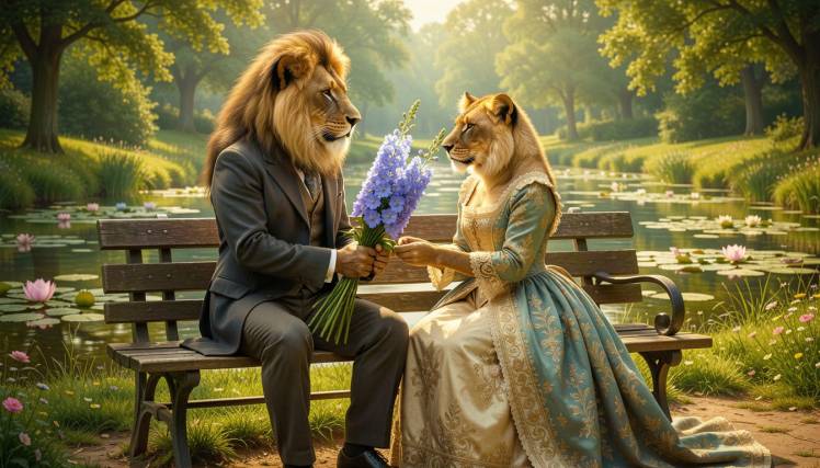 Victorian lion couple with bouquet flowers at lily pond by Teagan via Night Cafe