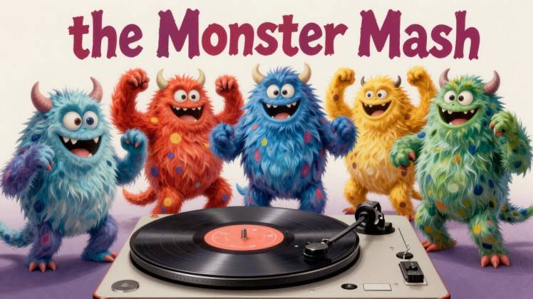 Cute colorful monsters recordplayer The Monster Mash by Teagan via Night Cafe