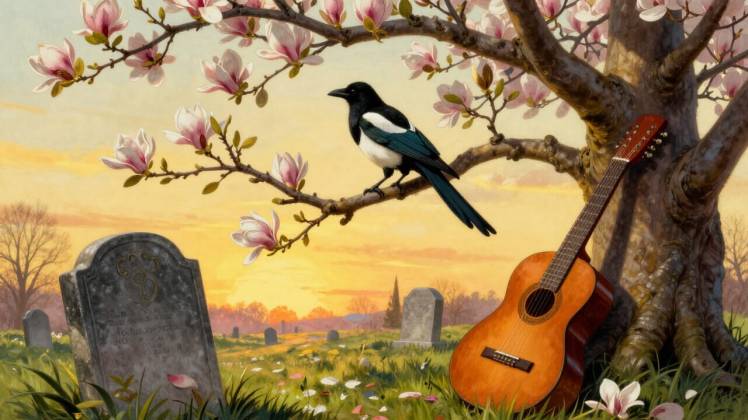 Jinx and guitar in graveyard by Teagan via Night Cafe