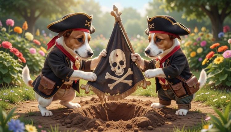 Jack-Russell-terrier-dogs dressed as pirates. they're using chew-bones to make a skull-and-crossbones flag.