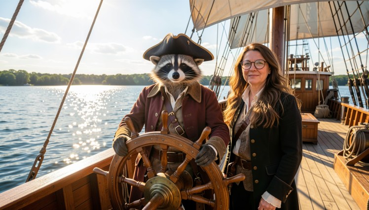 Raccoon pirate y woman on ship deck by Teagan via Night Cafe