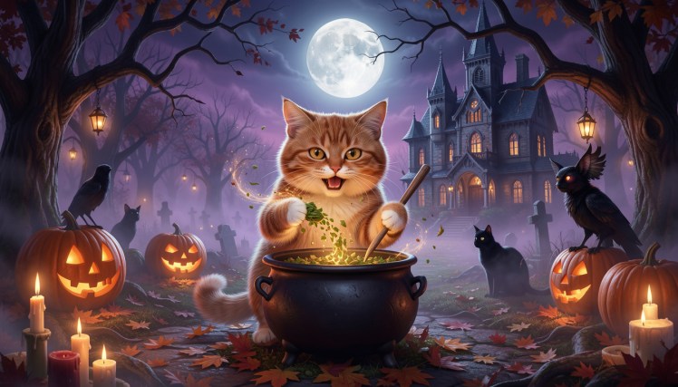 Cat put nip in cauldron jackOlanterns by teagan via night cafe