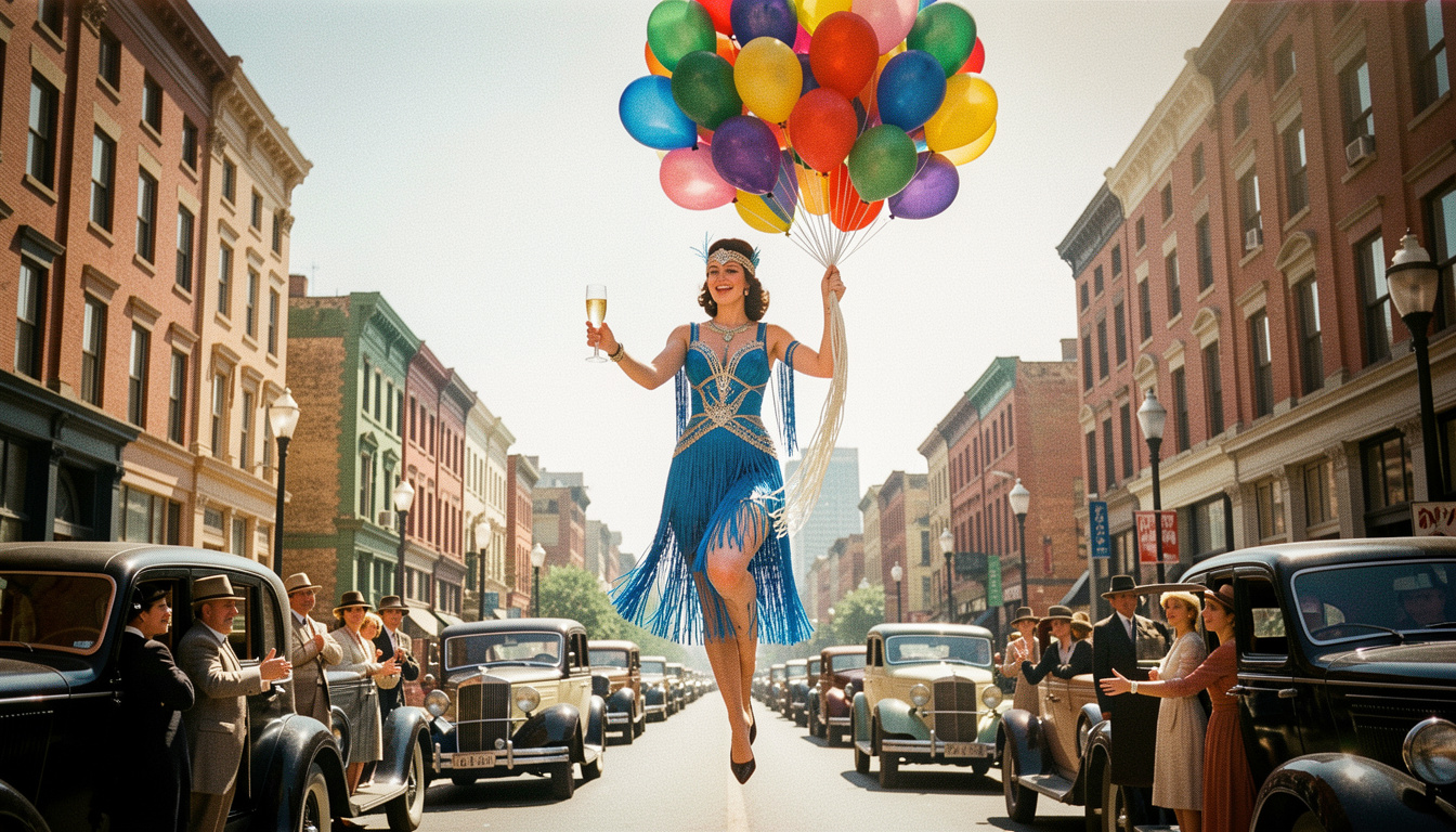 Flapper holding balloons rise above 1920s street scene by Teagan via Night Cafe