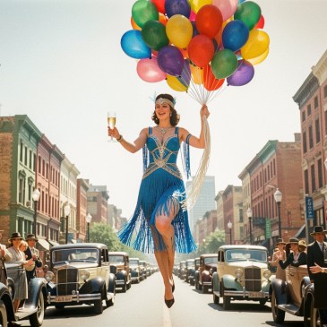Flapper holding balloons rise above 1920s street scene by Teagan via Night Cafe